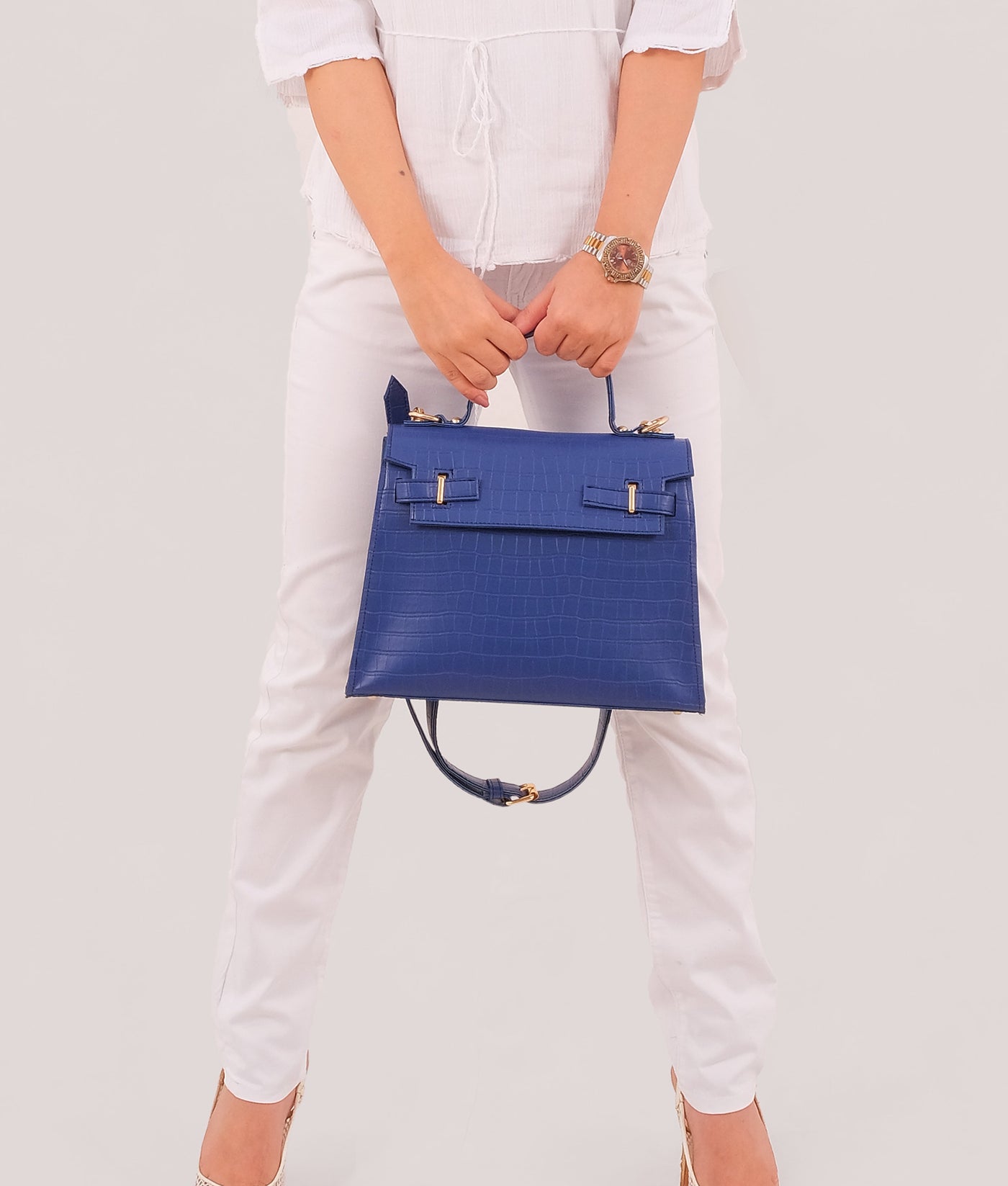 Blue top-handle crocodile mini bag