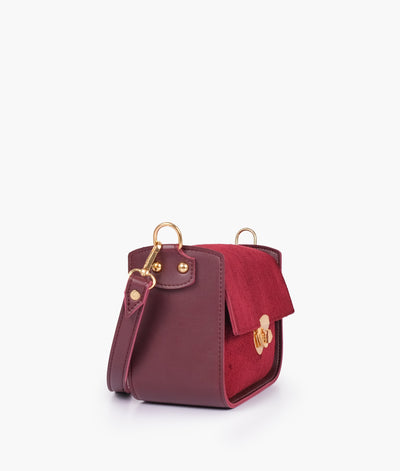 Burgundy suede saddle bag with twist lock