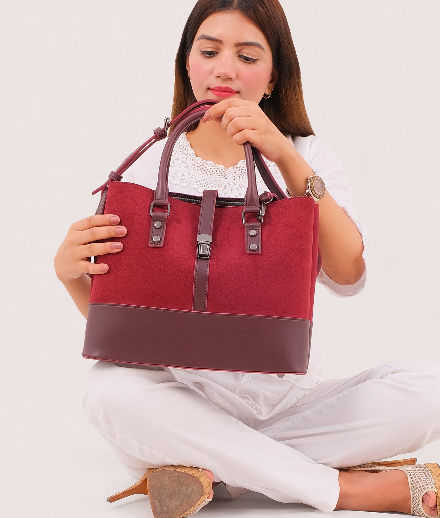 Burgundy suede multi-compartment shoulder bag