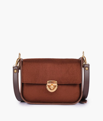 Dark brown suede saddle bag with twist lock