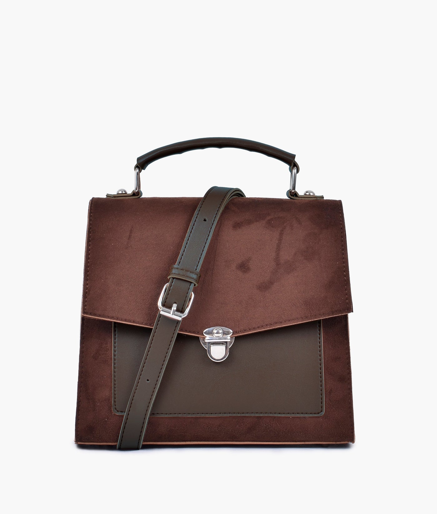 Dark brown suede push-lock messenger bag